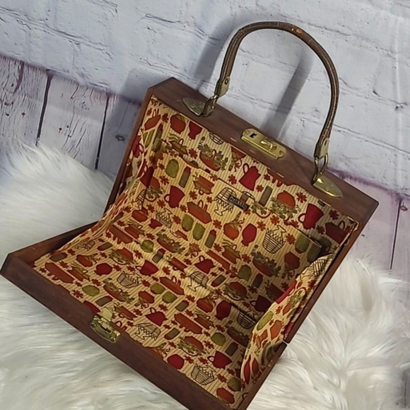 Vintage 50s Parklane USA Mahagony Wooden Square Clasp Lock Purse Clutch - Picture 8 of 17